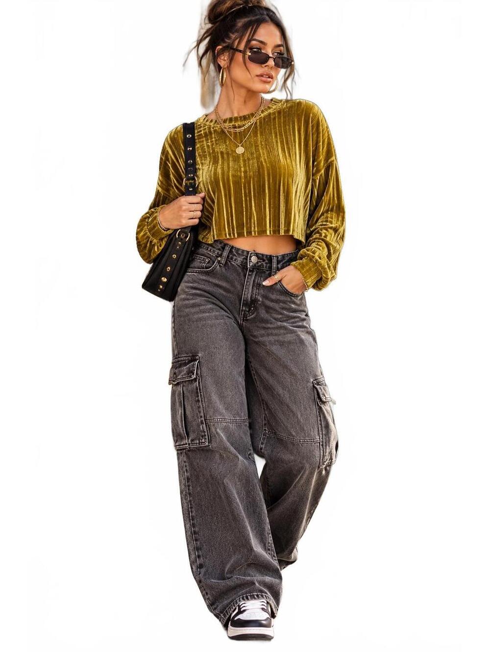 BP Whimsigoth 90s Y2k Grunge Velvet Long Sleeve Crop Top -Size Medium